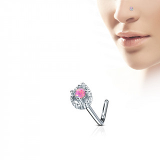 Piercing nez tige "L" � goutte sertie d'une opale rose