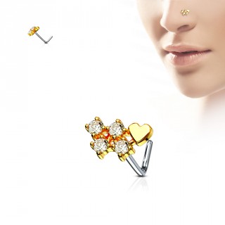 Piercing nez tige "L" � grappe de strass et coeur - Dor�