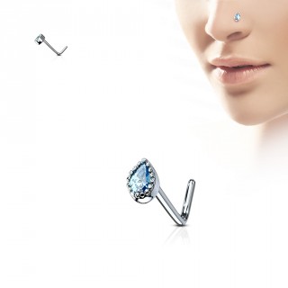 Piercing nez tige "L" � larme strass perl�e - bleu aqua