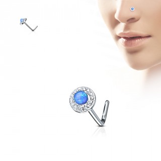 Piercing nez tige "L" � opale bleue cercl�e de strass