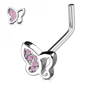 Piercing nez tige "L" � papillon aile strass roses