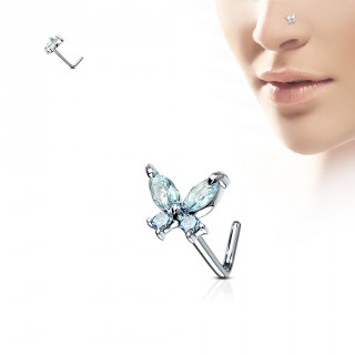 Piercing nez tige "L" � papillon serti - bleu aqua