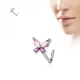 Piercing nez tige "L" � papillon serti - rose