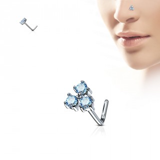 Piercing nez tige "L" � trio de strass en triangle - bleu aqua