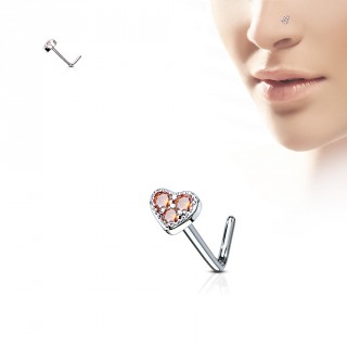 Piercing nez tige "L" coeur � 3 strass rouges