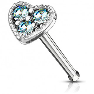 Piercing nez tige droite coeur � 3 strass bleu aqua
