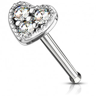 Piercing nez tige droite coeur � 3 strass clairs