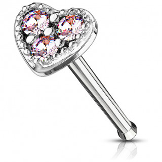 Piercing nez tige droite coeur � 3 strass roses