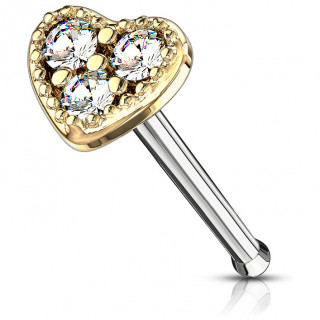 Piercing nez tige droite coeur dor� � 3 strass