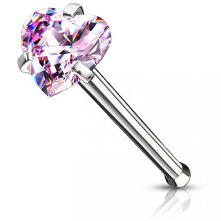 Piercing nez tige droite en acier � zirconium coeur rose