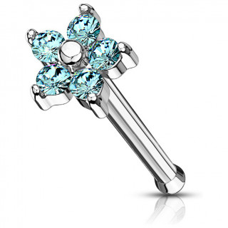 Piercing nez tige droite fleur � 5 p�tales strass bleu aqua