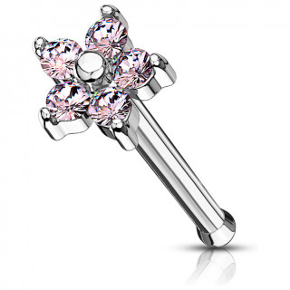 Piercing nez tige droite fleur � 5 p�tales strass roses