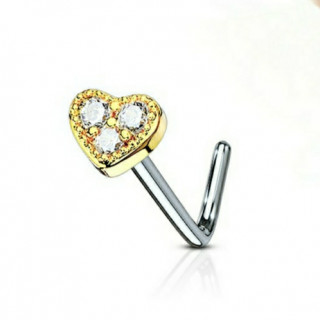 Piercing nez tige "L" coeur dor� � 3 strass