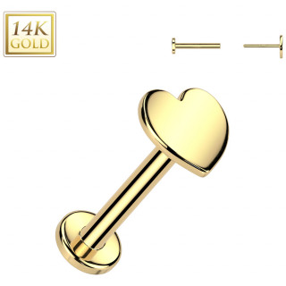 Piercing nez � tige labret et Coeur en Or Jaune 14 carats (push-in)