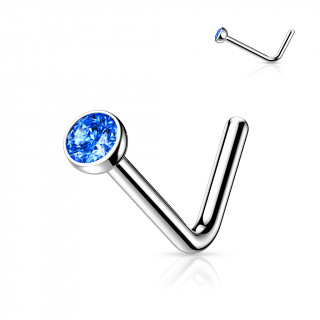 Piercing nez titane en "L" � demi-boule strass Bleu