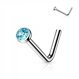 Piercing nez titane en "L" � demi-boule strass Bleu aqua