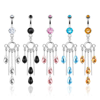 Piercing nombril � anneaux et chaines sym�triques perl�es