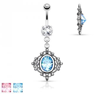 Piercing nombril � cadre style filigrane et pierre ovale