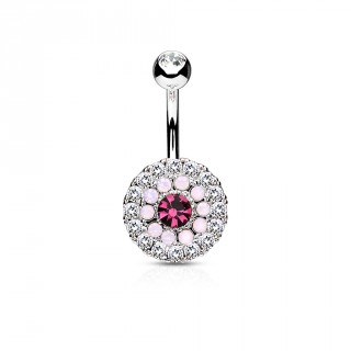 Piercing nombril � cercles concentriques de cristaux et Opalites - rose