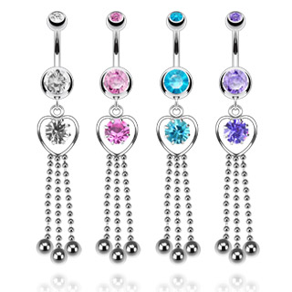 Piercing nombril � coeur ajour� et billes suspendues