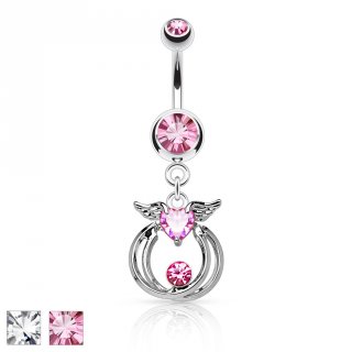 Piercing nombril � coeur strass ail� et anneaux suspendus