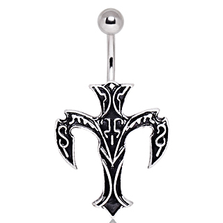Piercing nombril � croix diabolique grav�e de runes