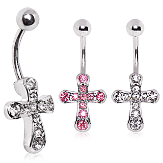 Piercing nombril � croix pav�e de strass