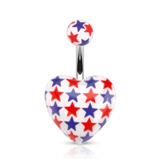 Piercing nombril � �toiles rouges et bleues sur coeur blanc