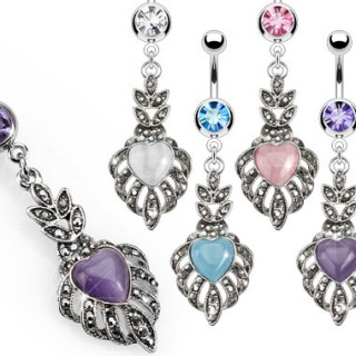 Piercing nombril � feuilles style victorien avec coeur en oeil de chat