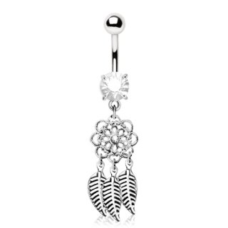 Piercing nombril � fleur et plumes style attrape r�ve