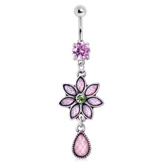Piercing nombril � fleur rose en opale synth�tique