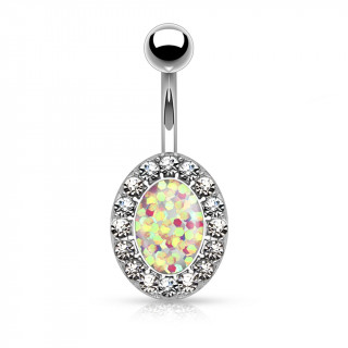 Piercing nombril � opale synth�tique ovale bord�e de strass