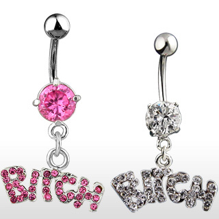 Piercing nombril � pendentif Bitch avec strass