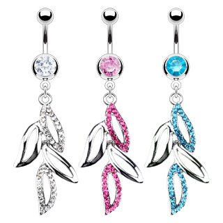 Piercing nombril � pendentif de feuilles pav�es de pierres
