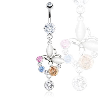 Piercing nombril � pendentif multi-colore avec papillon