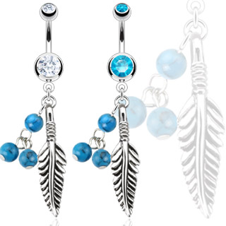 Piercing nombril � pendentif plume et perles en turquoise