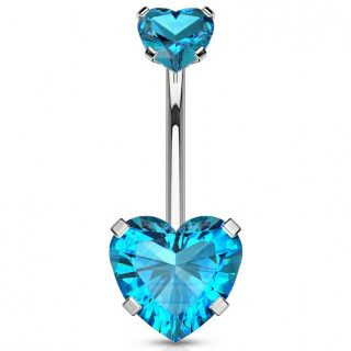 Piercing nombril � pierres en coeur (filetage interne) - Bleu aqua