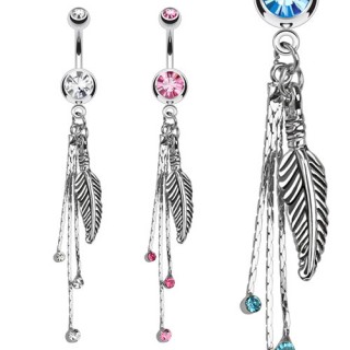 Piercing nombril � plume et chainettes serties