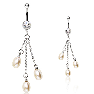 Piercing nombril � trio de perles blanc cass� suspendues