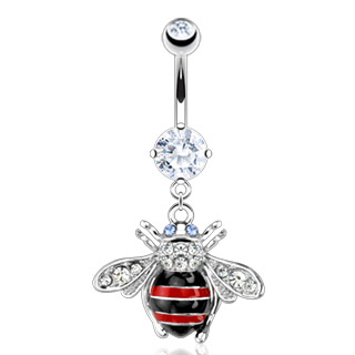 Piercing nombril abeille noire, rouge et argent�e pav�e de pierres