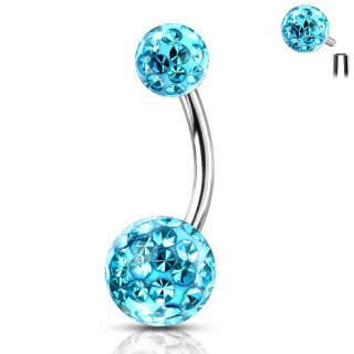 Piercing nombril acier � boules f�rido (filetage interne) - Bleu aqua