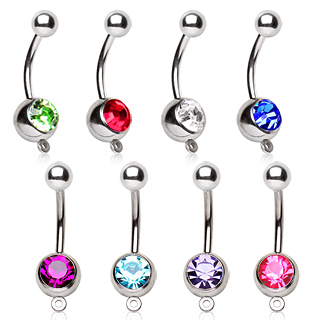 Piercing nombril acier � boule sertie et anneau pour pendentif