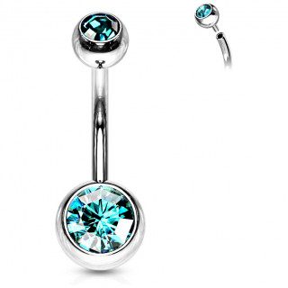 Piercing nombril acier boules serties � filetage interne - Bleu aqua