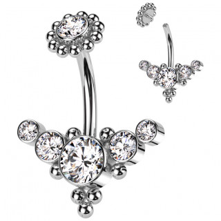 Piercing nombril Acier � fixation fleur perl�e et composition de zirconiums en triangle