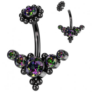 Piercing nombril Acier noir � fixation fleur perl�e et composition de zirconiums en triangle