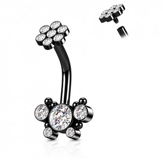 Piercing nombril acier Noir � fleur et papillon strass (filetage interne)