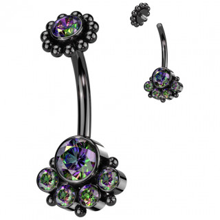 Piercing nombril Acier noir � patte de chat en zirconiums et fixation fleur perl�e
