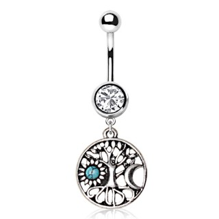Piercing nombril arbre de vie � lune et soleil de turquoise