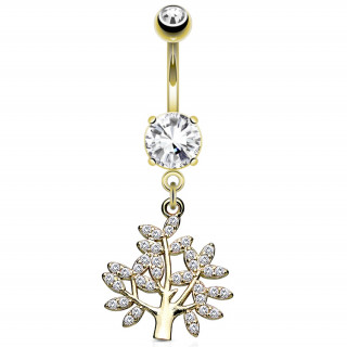 Piercing nombril arbre de vie plaqu� or � feuilles strass
