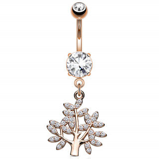 Piercing nombril arbre de vie plaqu� or rose � feuilles strass